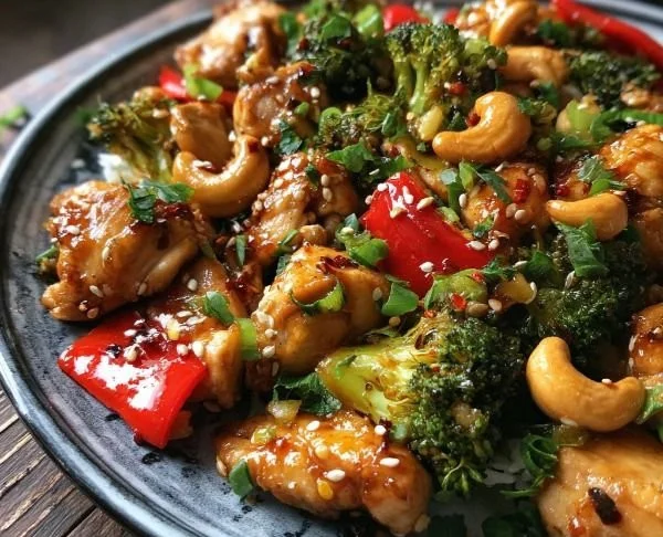 Delicious Sheet Pan Cashew Chicken surrounded by colorful vegetables.
