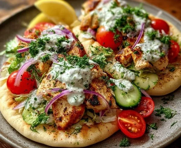 Delicious sheet pan chicken pitas topped with herby ranch dressing