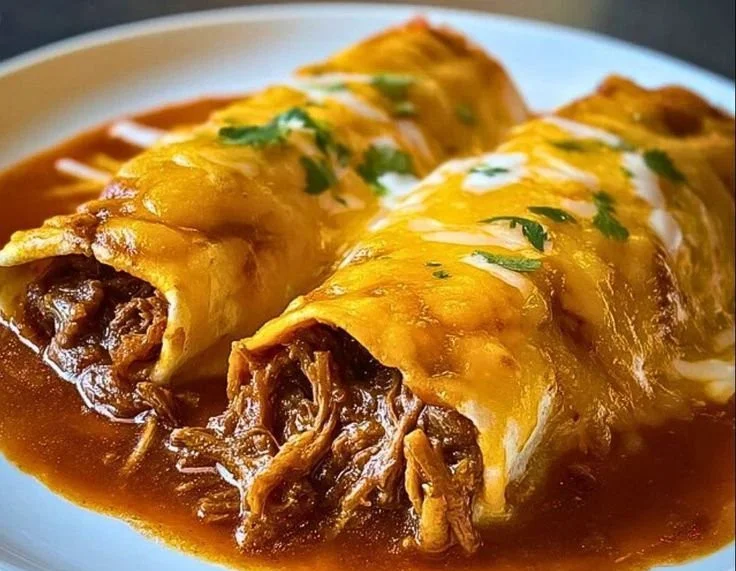 Delicious shredded beef enchiladas topped with cheese and salsa