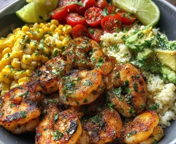 Delicious shrimp bowl garnished with cilantro and lime for a fresh meal.