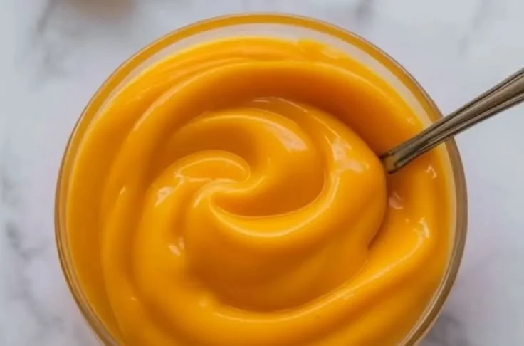 Silky orange curd in a glass jar topped with fresh orange zest.