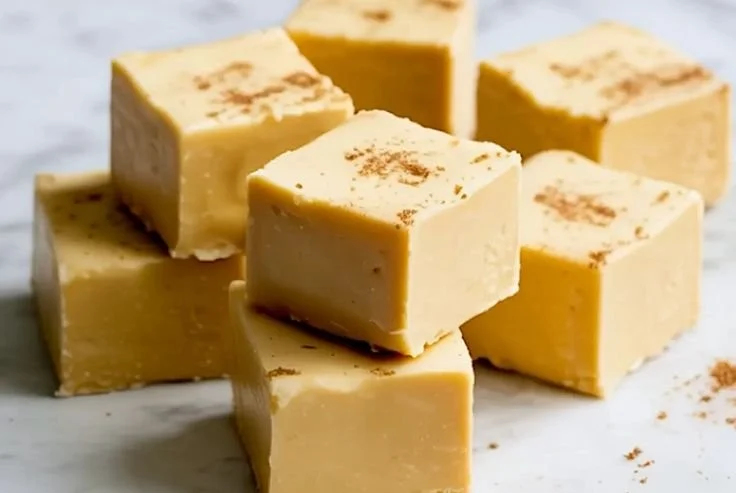 Delicious homemade Eggnog Fudge on a festive holiday platter