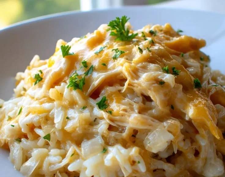 Slow Cooker Angel Chicken Casserole dish served with rice and vegetables.