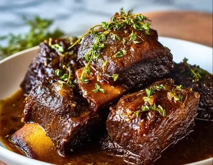 Slow cooker beef short ribs served with vegetables and sauce
