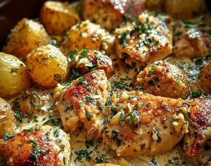 Delicious slow cooker garlic parmesan chicken served with potatoes.