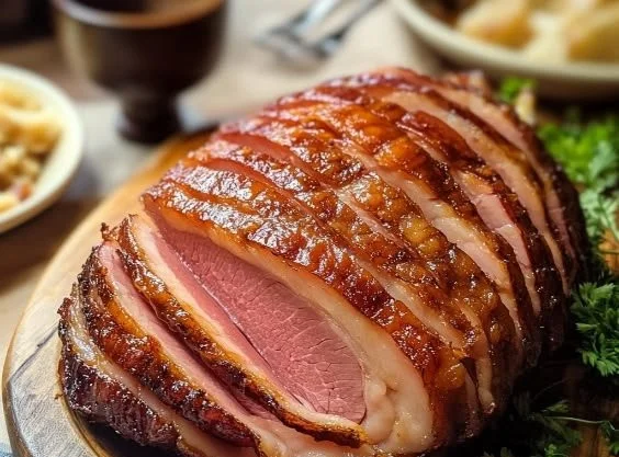 Smoked ham glazed with sweet onion and honey, garnished and served on a platter.