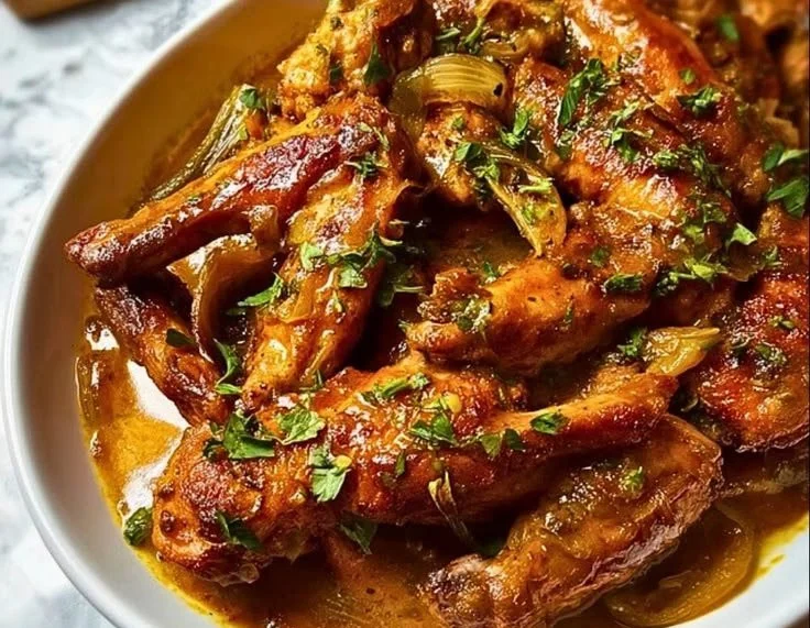 Smothered turkey wings served in rich gravy on a plate