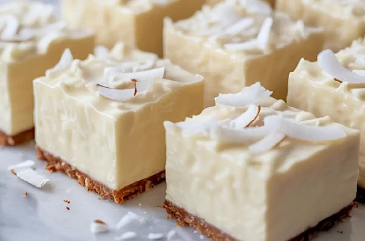 Delicious snowy coconut rum squares dessert topped with shredded coconut