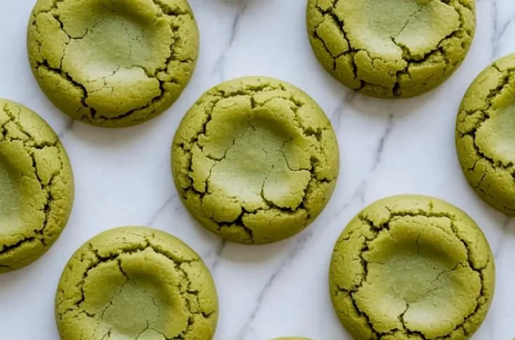 Soft and chewy matcha cookies on a white plate