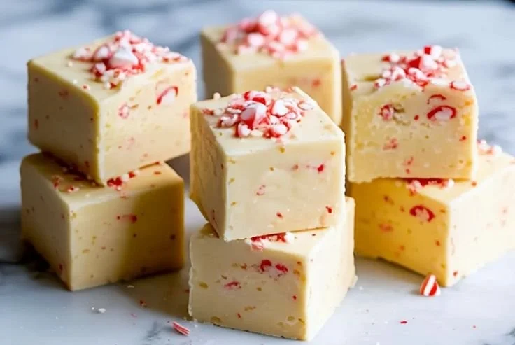 Soft white chocolate peppermint fudge served on a festive plate