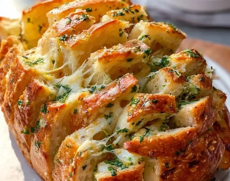 Sourdough discard pull-apart garlic bread fresh from the oven, garnished with herbs.