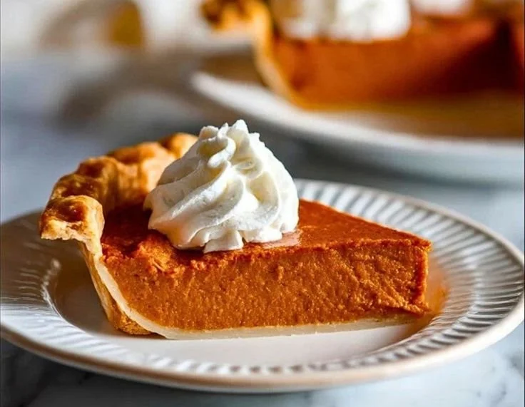 A slice of Southern sweet potato pie topped with whipped cream on a decorative plate.