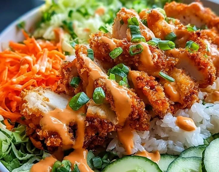 Delicious Spicy Bang Bang Chicken Rice Bowl topped with fresh vegetables