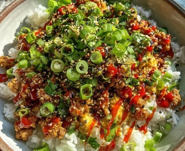 Spicy Bang Bang Turkey & Rice Bowl with vibrant ingredients