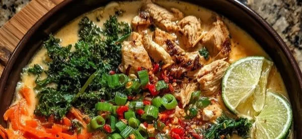 Bowl of spicy creamy chicken ramen soup with fresh herbs and toppings
