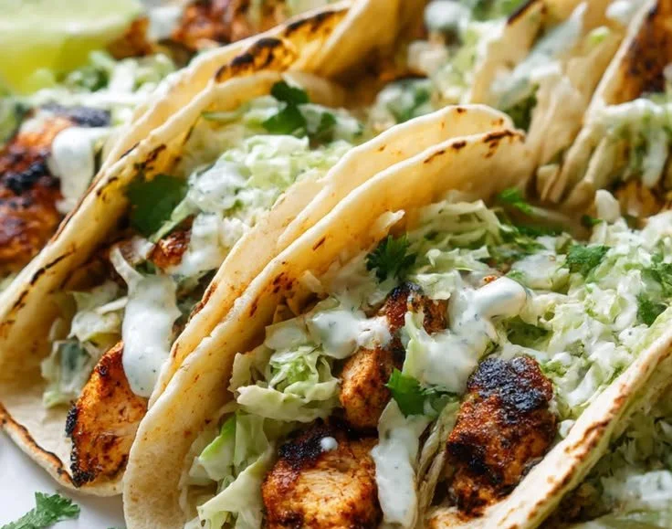 Spicy grilled chicken tacos served with cilantro lime slaw.