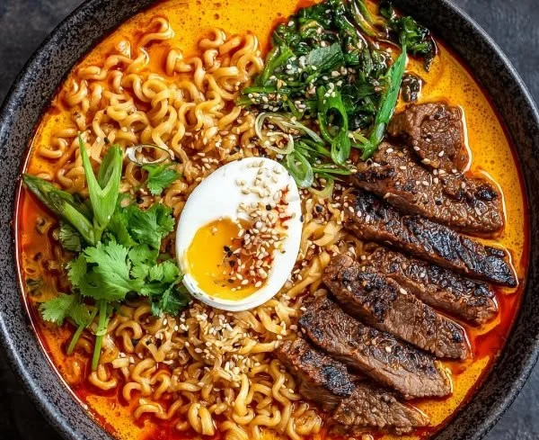Spicy Korean ramen with grilled beef and creamy sauce in a bowl
