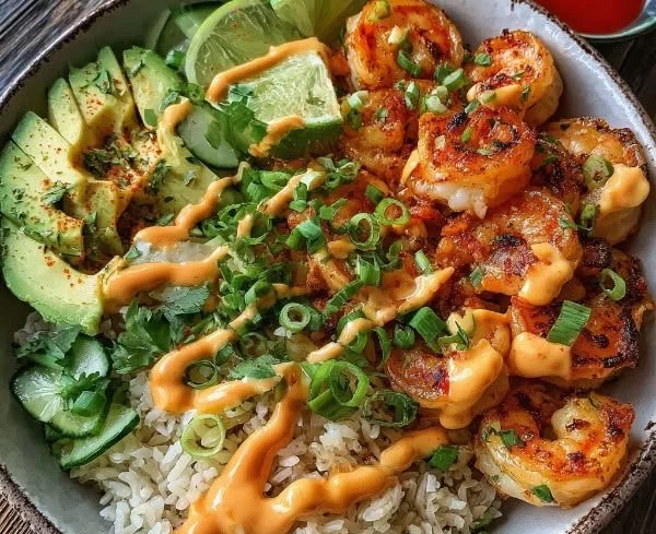 Delicious spicy mayo shrimp rice bowl with fresh ingredients and vibrant colors.