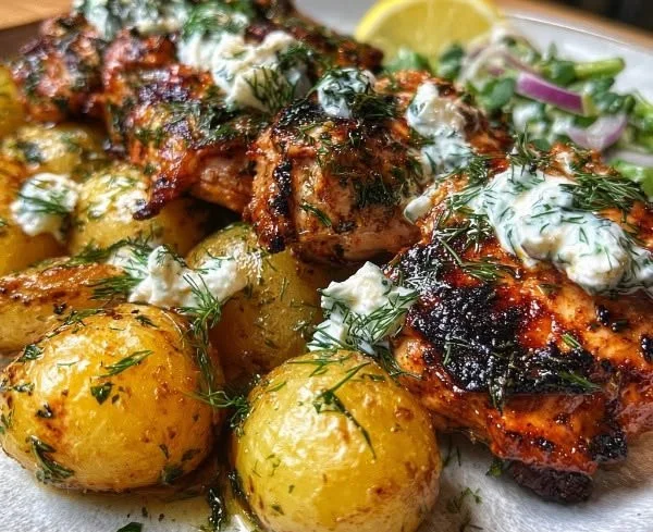Spicy Yogurt Marinated Chicken with Dill Feta Cream and Crispy Baby Potatoes