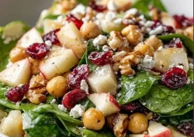 Spinach Chickpea Salad with Apples and Cranberries served in a bowl