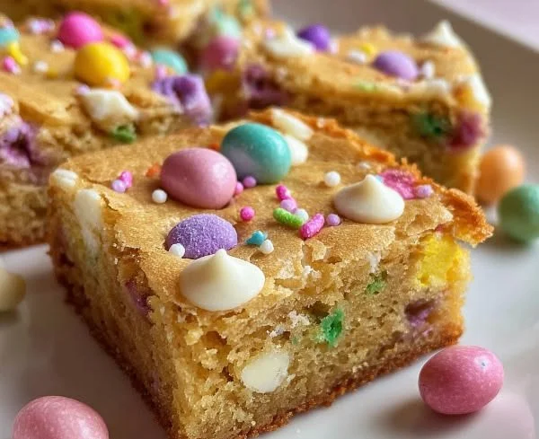 Spring Funfetti Blondies with colorful sprinkles for a festive dessert
