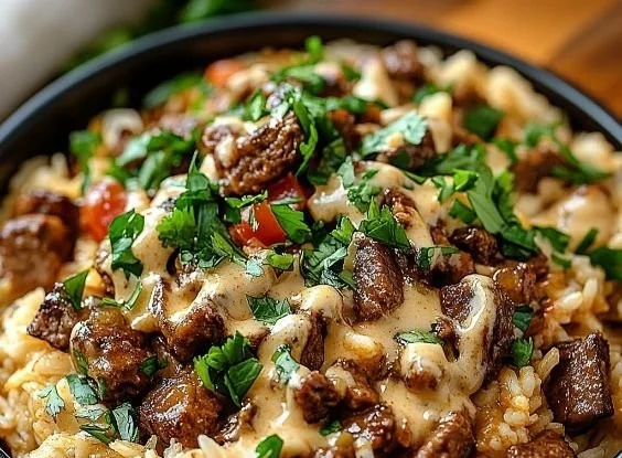 Delicious bowl of Steak Queso Rice with melted cheese and fresh ingredients.