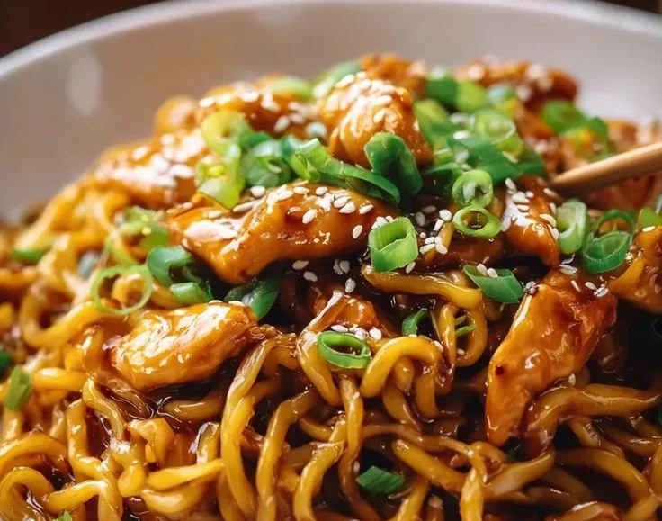 Delicious sticky garlic chicken noodles served in a bowl, ready for dinner.