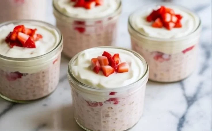 Bowl of strawberry cheesecake overnight oats topped with fresh strawberries