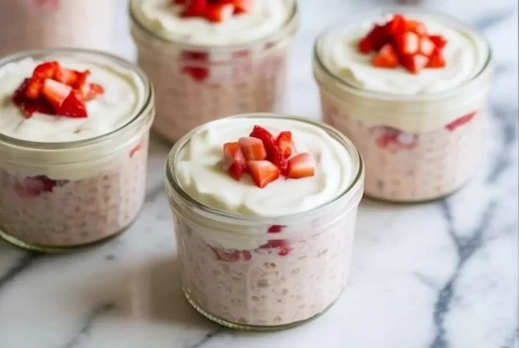 Delicious strawberry cheesecake overnight oats topped with fresh strawberries.