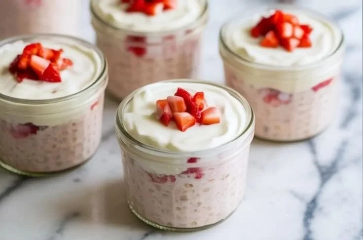 Delicious strawberry cheesecake overnight oats in a glass topped with fresh strawberries