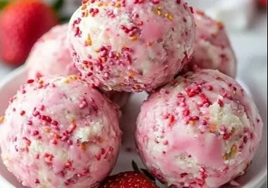 Strawberry cheesecake protein balls on a plate with fresh strawberries.