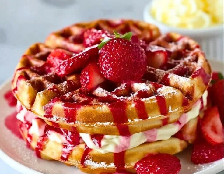 Delicious strawberry cheesecake stuffed waffles topped with fresh strawberries