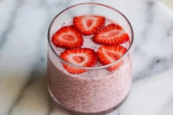 Bowl of Strawberry Chia Seed Pudding topped with fresh strawberries and mint