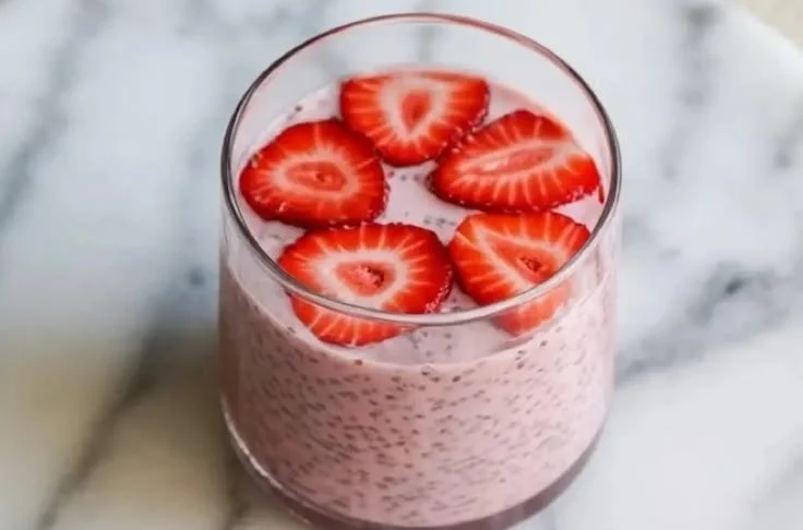 Delicious strawberry chia seed pudding in a glass topped with fresh berries