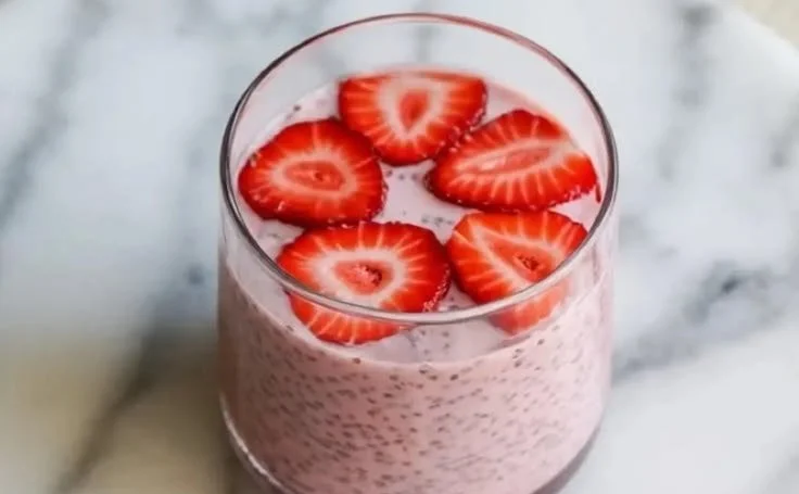 Strawberry chia seed pudding topped with fresh strawberries and mint leaves.