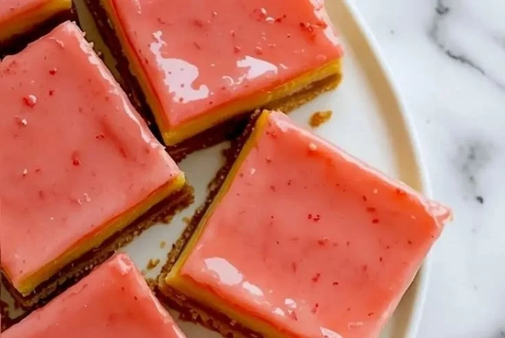 Delicious strawberry lemon bars served on a plate with fresh strawberries