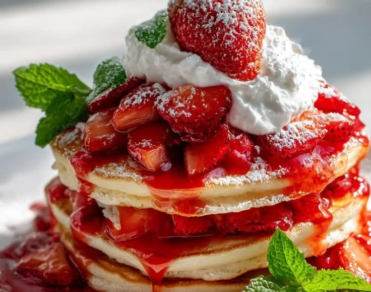 Delicious Strawberry Shortcake Pancakes stacked with fresh strawberries and whipped cream