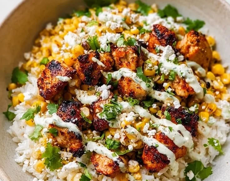 Delicious Street Corn Chicken and Rice Bowls topped with fresh ingredients
