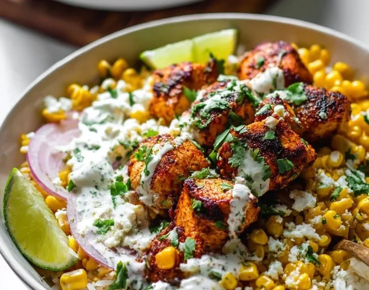 Delicious Street Corn Chicken Bowl with grilled chicken and toppings