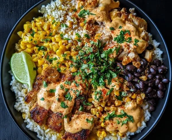 Delicious Street Corn Chicken Bowl topped with fresh ingredients
