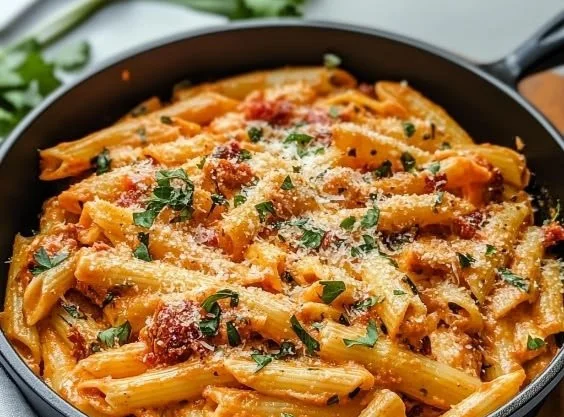 Plate of sun-dried tomato pasta garnished with fresh basil
