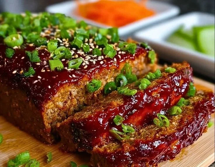 Delicious Sweet and Spicy Korean BBQ Meatloaf served with garnish