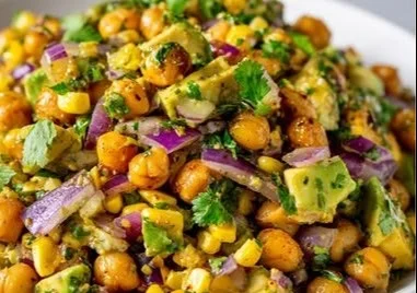 Healthy Corn Chickpea Avocado Salad with fresh ingredients