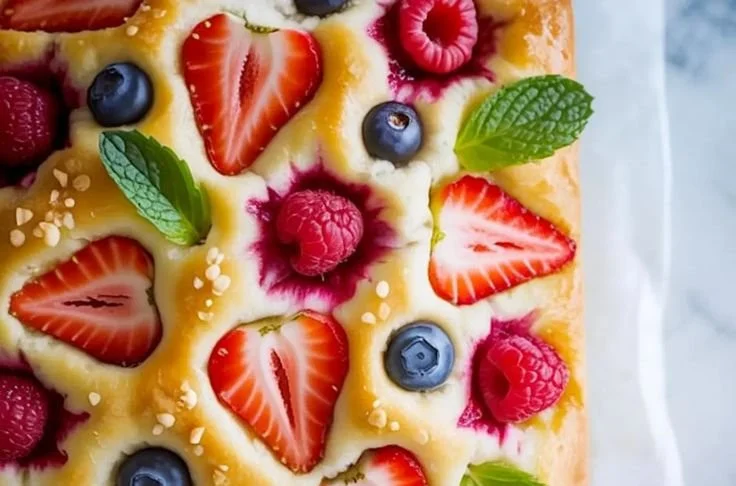 Homemade sweet focaccia bread topped with fruits and nuts