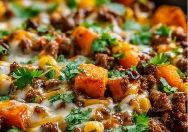 Sweet potato and ground beef taco skillet topped with fresh ingredients