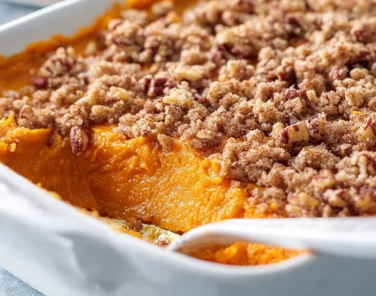 Delicious sweet potato casserole by Paula Deen, perfect for festive gatherings.