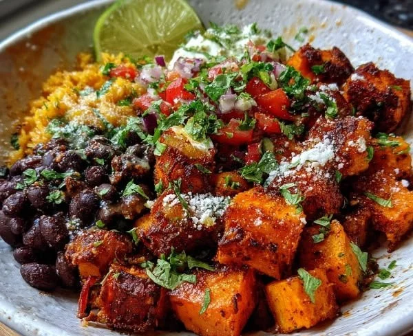 Delicious sweet potato taco bowl topped with fresh ingredients