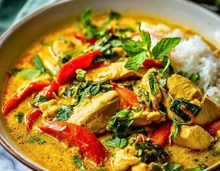 Delicious Thai Chicken Coconut Curry served in a bowl with fresh herbs.
