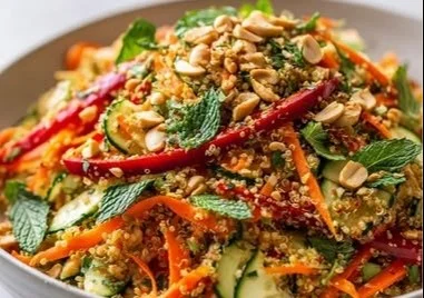 Colorful Thai Quinoa Salad with Peanut Dressing and vegetables in a bowl