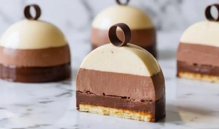 Threefold chocolate mousse domes elegantly plated and garnished.